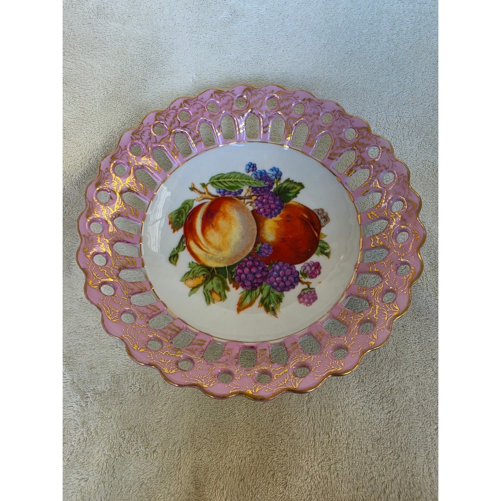 Vintage Betson Hand Painted Fruit Porcelain Bowl Pink Reticulated Gold Trim 8in
